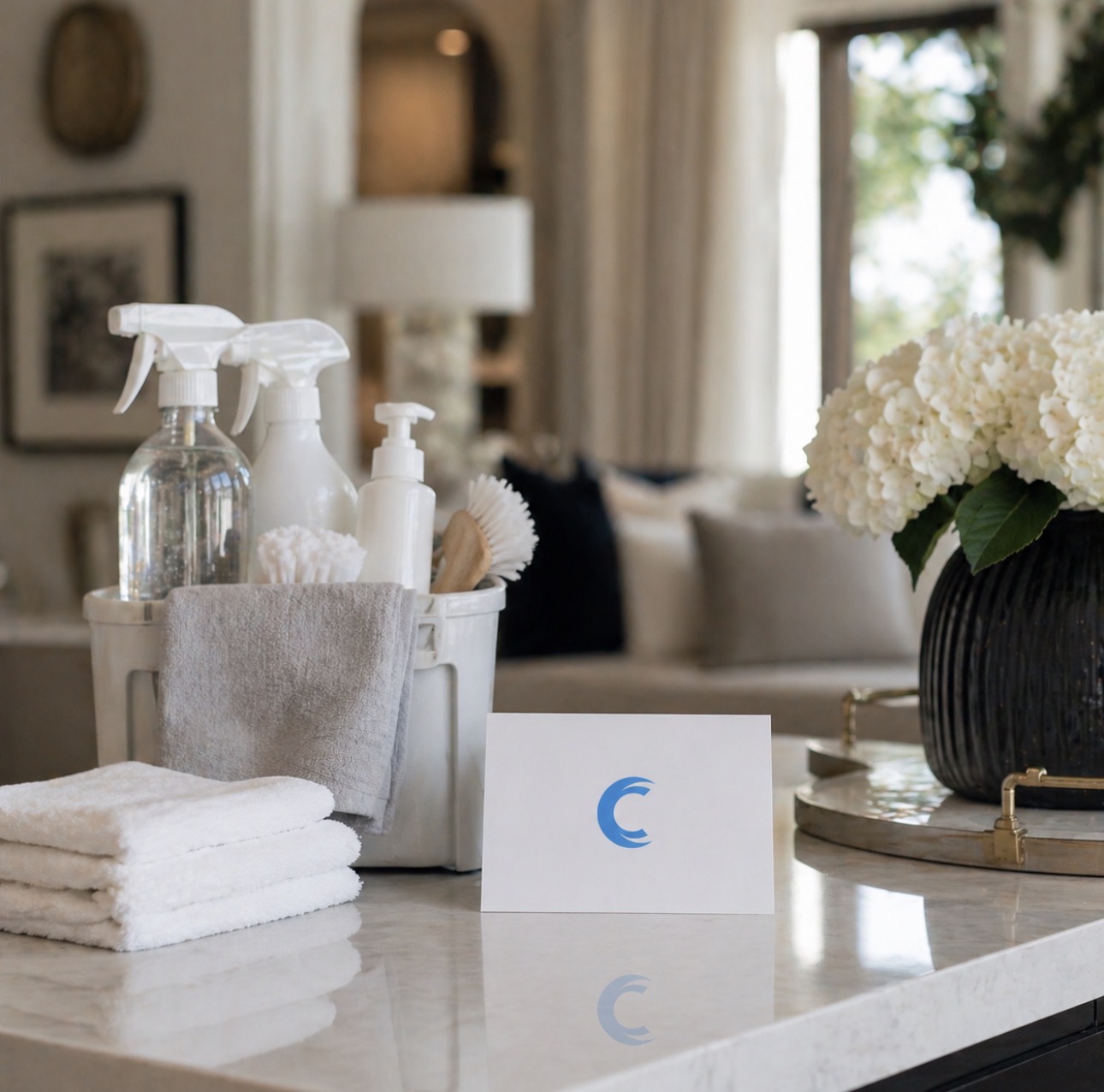 Cleanurr cleaning supplies on a bright kitchen counter